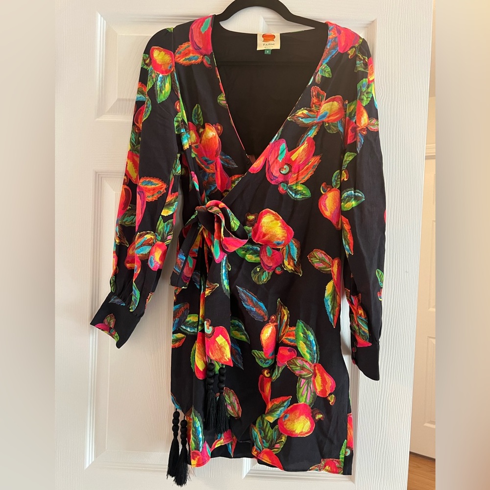 Farm Rio long sleeve wrap dress with tie - super cute multi color pear print
